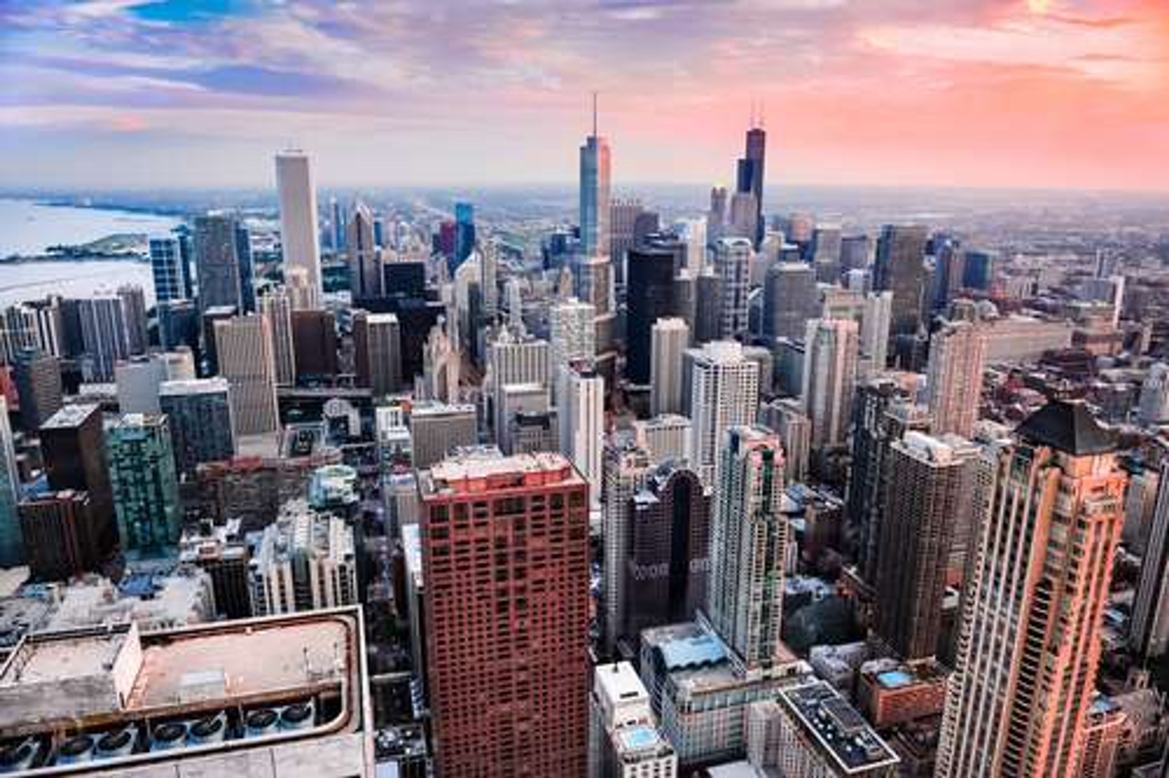 Amerika Chicago skyline Zonsondergang